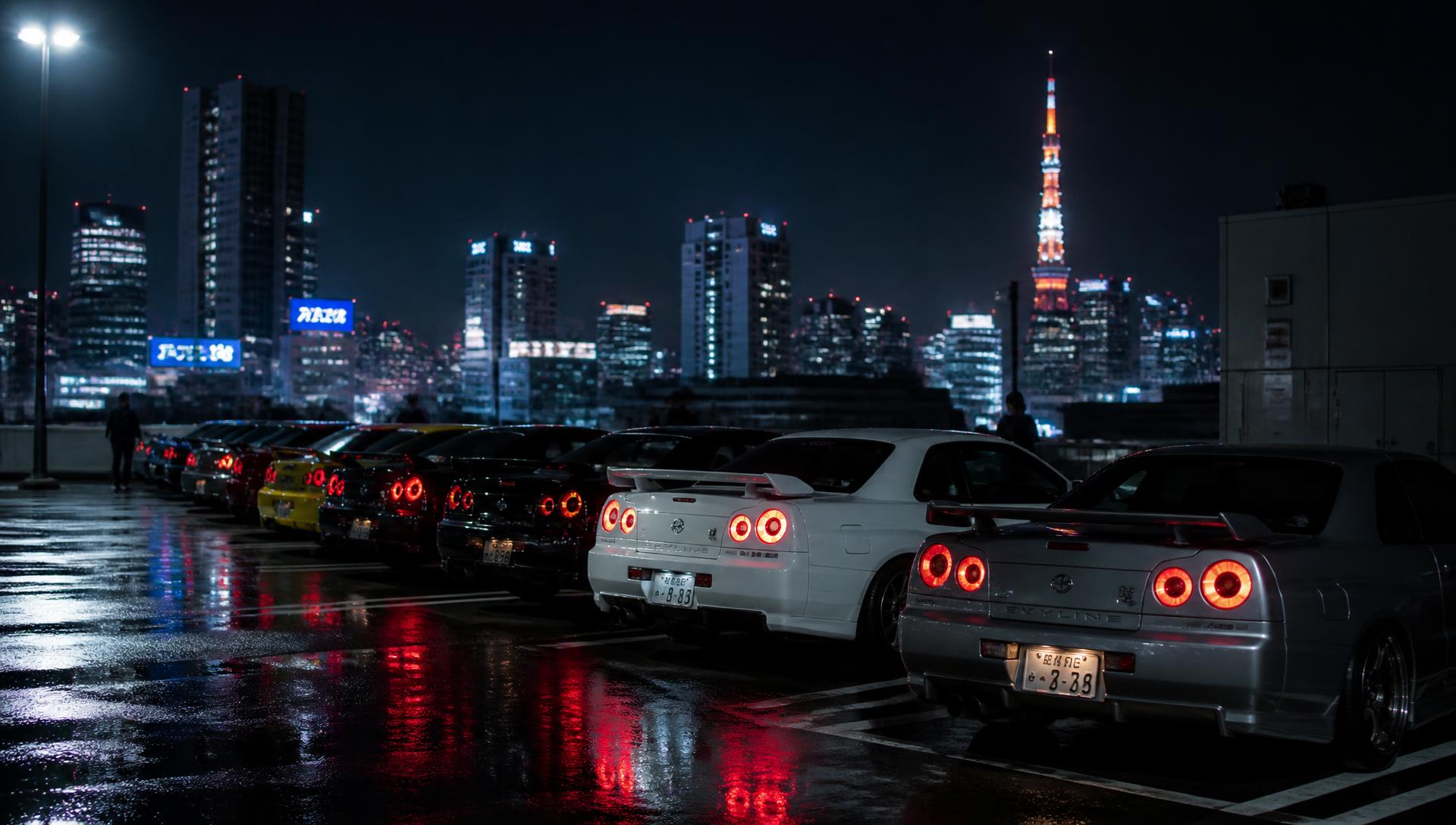 Japanese car meet at night with rows of JDM sports cars